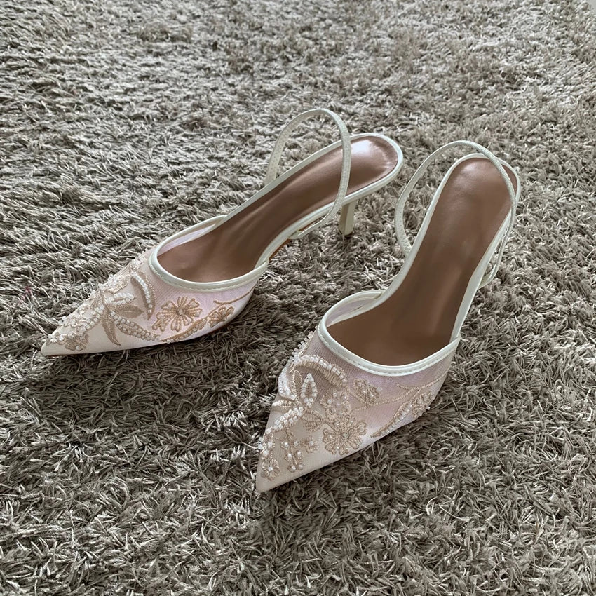 Mesh Embroidered High Heels – Sexy Summer 2025 Slingback Pointed Toe Dress Sandals for Women