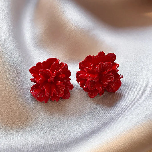 White & Red Flower Stud Earrings – Trendy Acrylic Women’s Wedding Jewelry