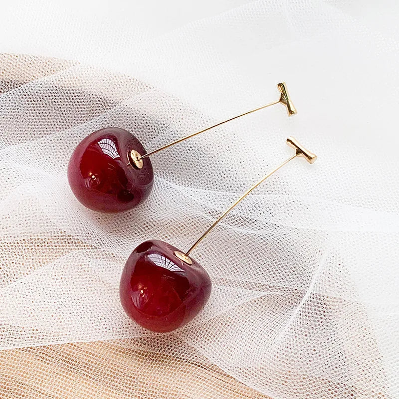 Red Cherry Drop Earrings – Delicate Women’s Korean Fashion Jewelry