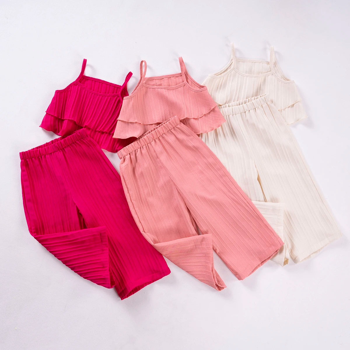 Girls Solid Color Suspenders Dress Set – Ruffles Top & Wide Leg Pants, Elegant Summer Outfit