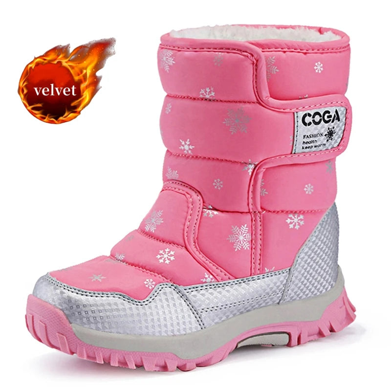 Winter Kids Snow Boots – Warm Plush Pink Ankle Shoes for Girls Boys, Non-Slip Outdoor Footwear