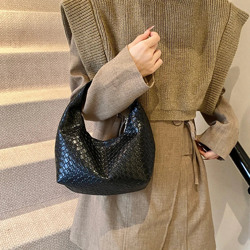 Classic Woven PU Leather Hobo – Small Top-Handle Shoulder Bag for Women