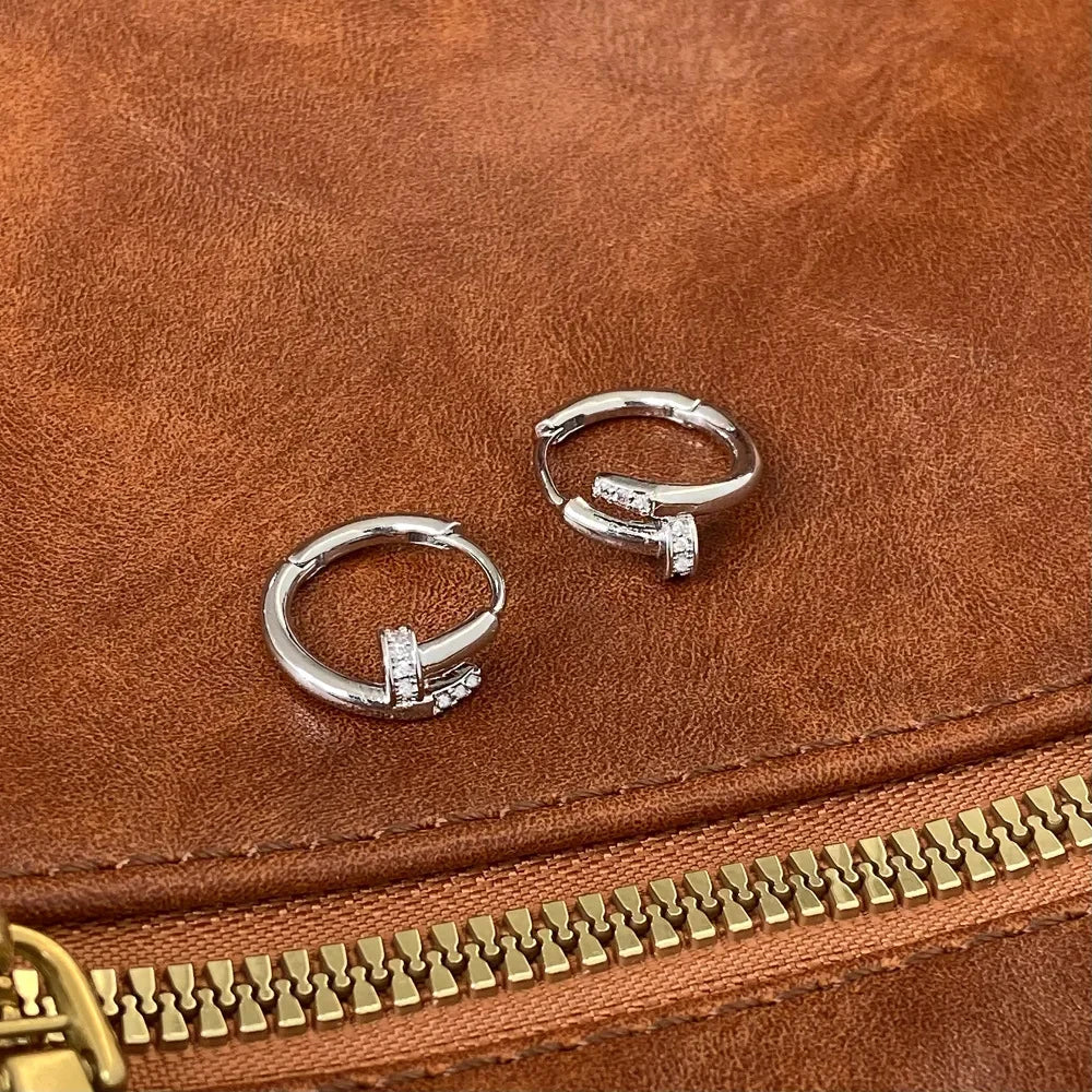 925 Sterling Silver Zircon Nail Hoop Earrings – Minimalist Trendy Jewelry for Women