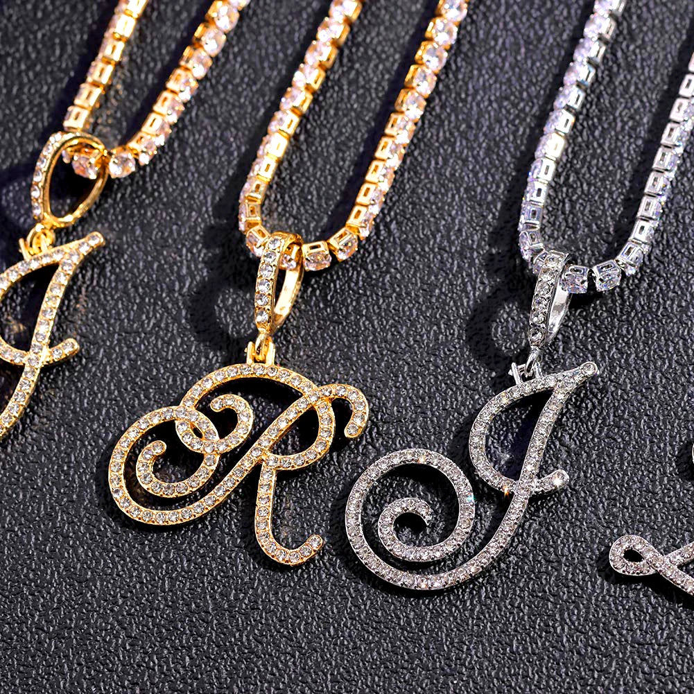 Cursive Letter Name Necklace – CZ Alphabet Pendant Hip Hop Jewelry