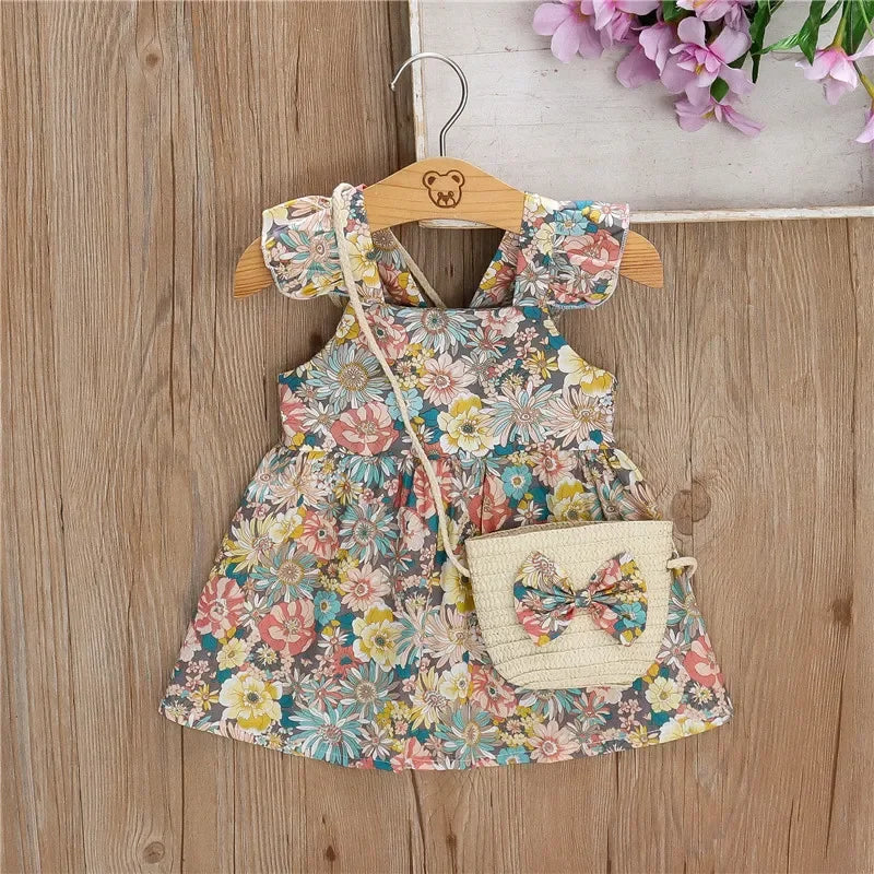 Baby Girl Floral Dress – Ruffled Halter A-Line with Bag (0–3 Yrs)