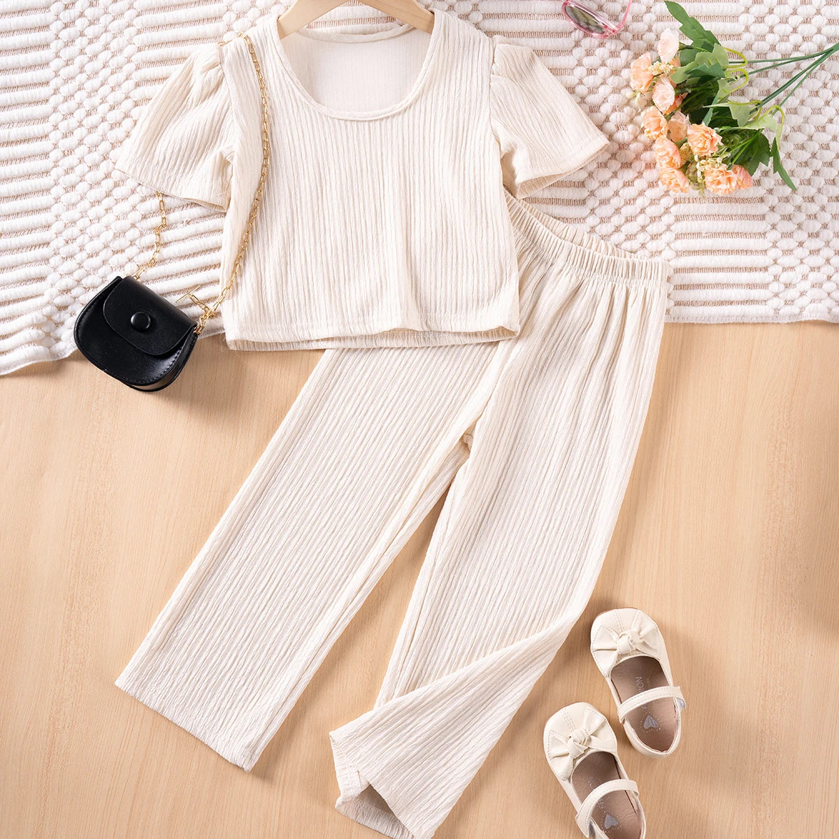 Girls Solid Color Suspenders Dress Set – Ruffles Top & Wide Leg Pants, Elegant Summer Outfit