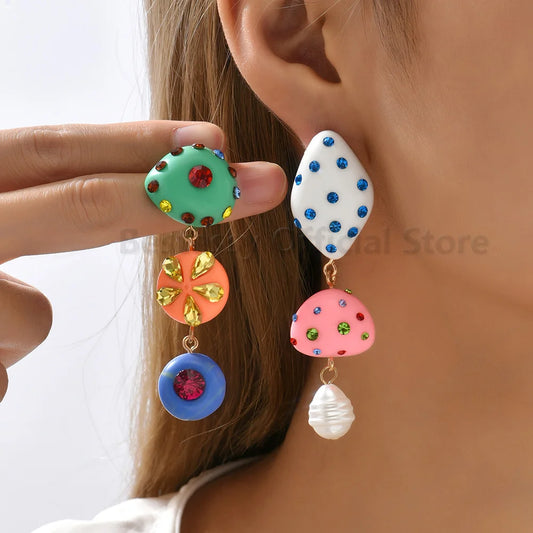 Cute Multicolor Resin Dangle Earrings – Asymmetrical Rhinestone Women’s Jewelry