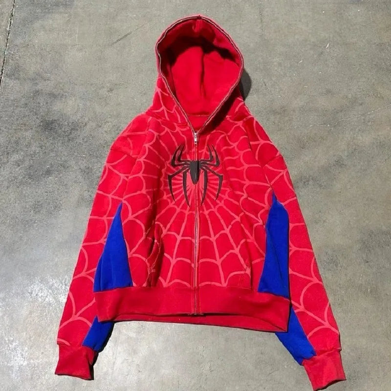 Y2K Red Spider Web Hoodie – Foam Print Harajuku Punk Grunge Zip-Up Sweatshirt for Women.