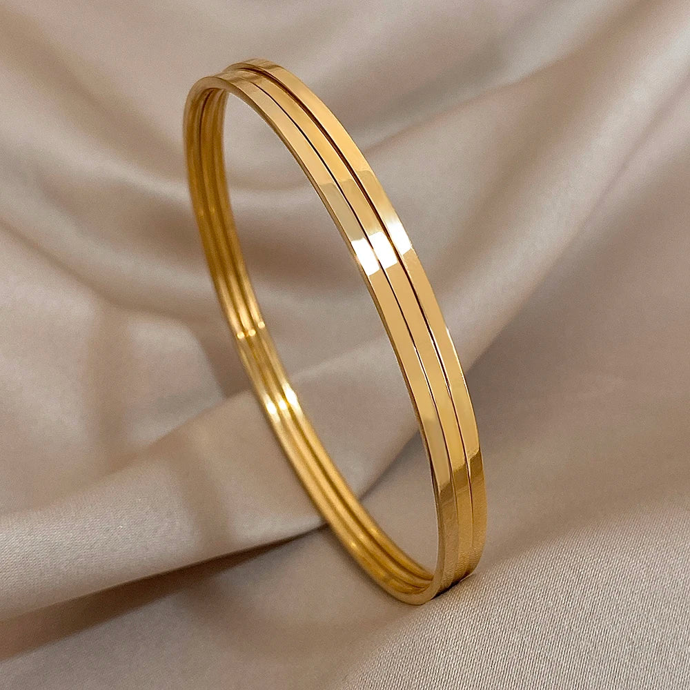 3pcs 18K Gold Plated Stainless Steel Minimalist Bangle Set – Waterproof Jewelry for Women