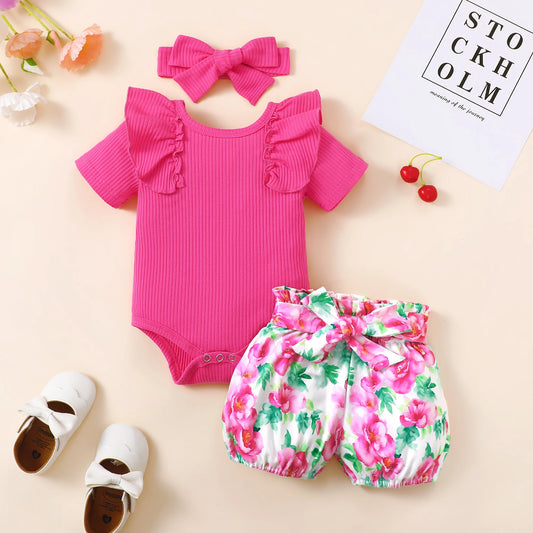 Fashion Summer Newborn Baby Girl 3-Piece Set – Ruffle Jumpsuit, Floral Shorts & Headband
