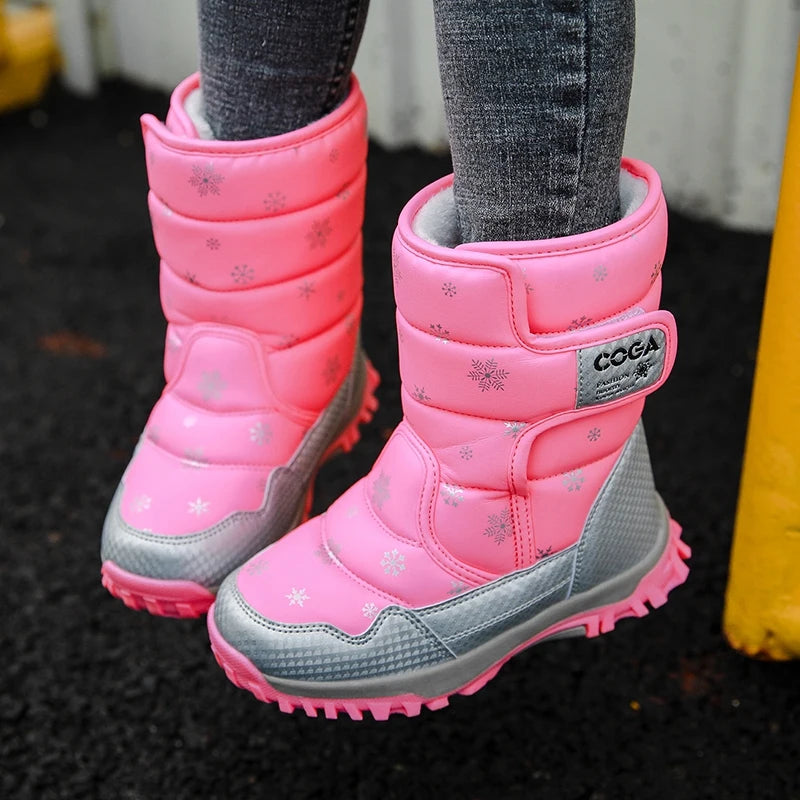 Winter Kids Snow Boots – Warm Plush Pink Ankle Shoes for Girls Boys, Non-Slip Outdoor Footwear