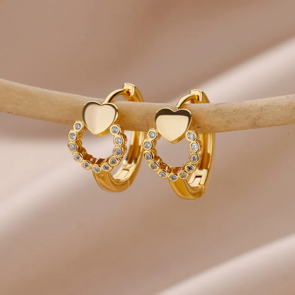 Gold Heart Zircon Hoop Earrings – Waterproof Stainless Steel Jewelry