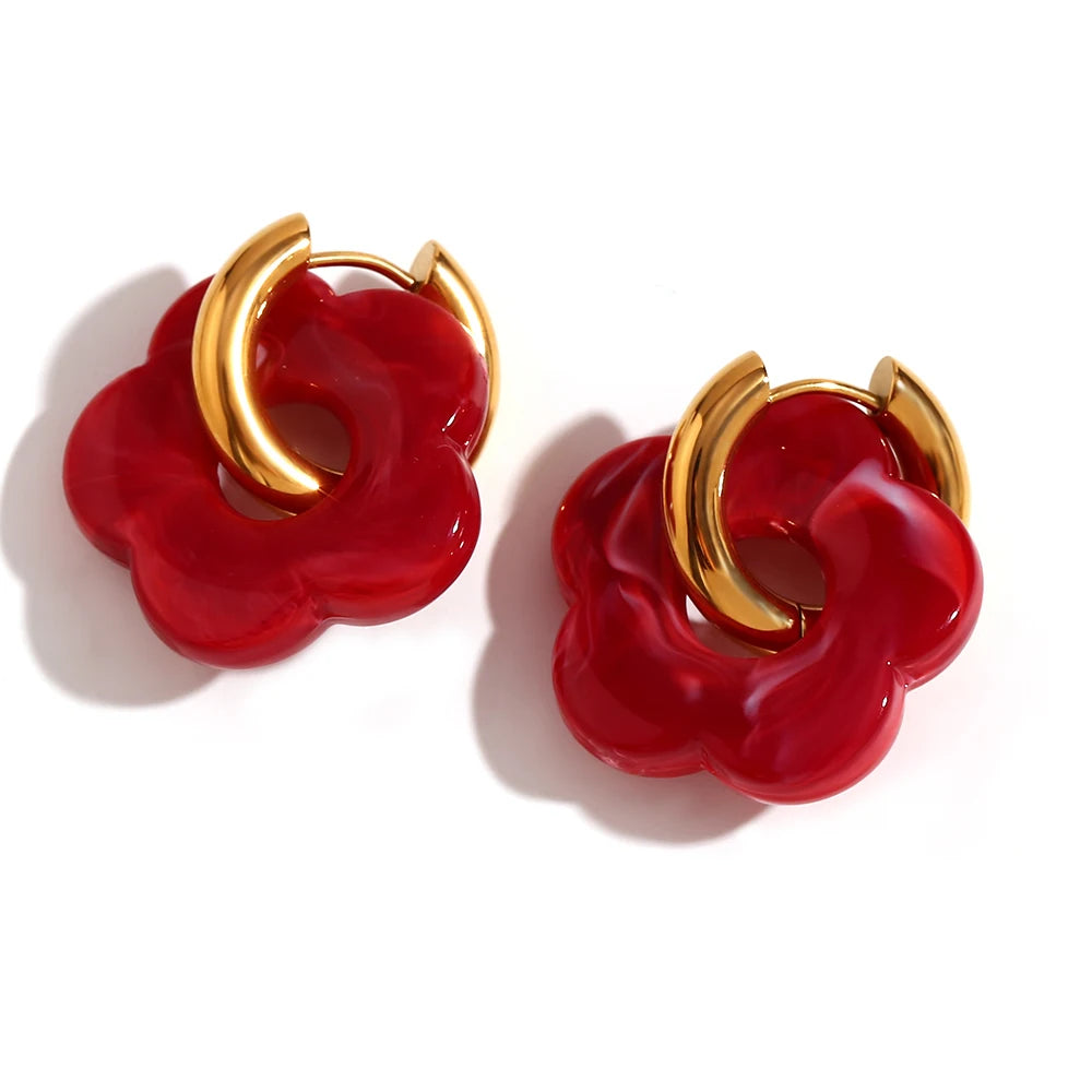 Colorful Resin Flower Hoop Earrings – Waterproof Stainless Steel Women’s Jewelry
