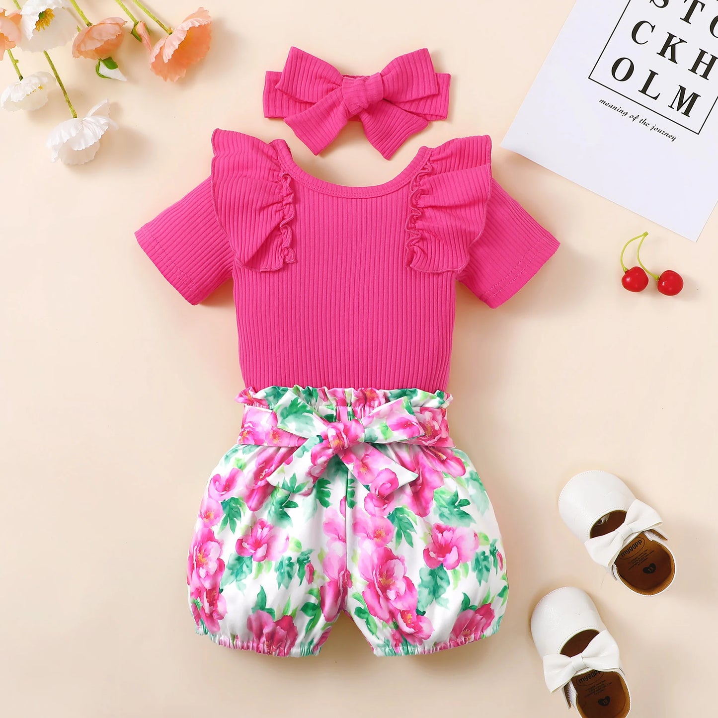 Fashion Summer Newborn Baby Girl 3-Piece Set – Ruffle Jumpsuit, Floral Shorts & Headband