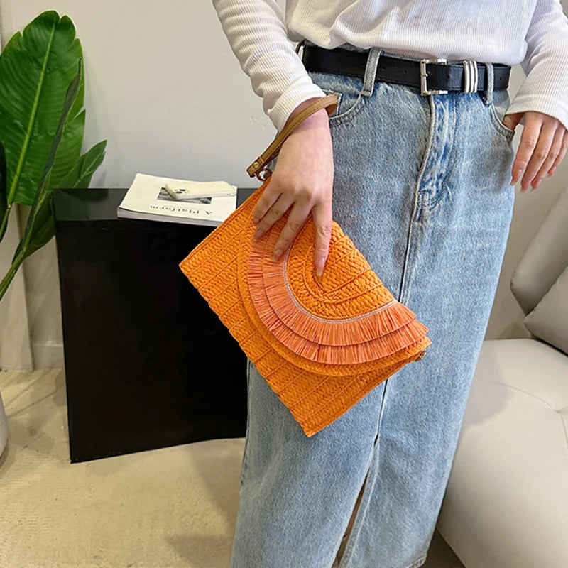Raffia Straw Woven Wrist Clutch & Shoulder Crossbody Bag – Handmade Summer Beach Purse for Women