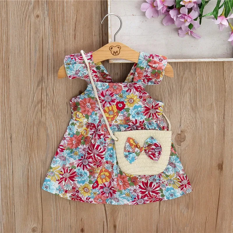 Baby Girl Floral Dress – Ruffled Halter A-Line with Bag (0–3 Yrs)