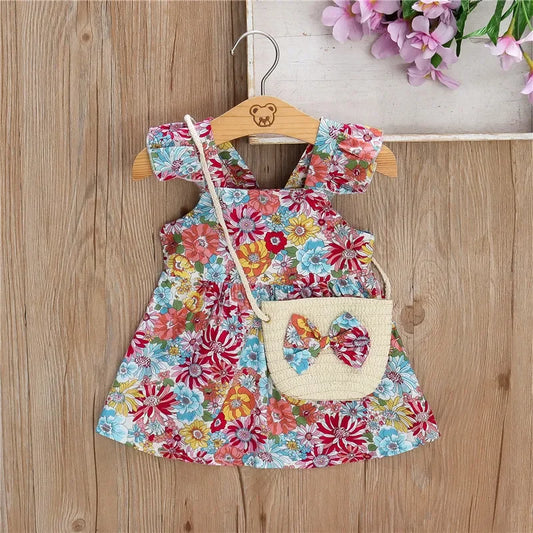 Baby Girl Floral Dress – Ruffled Halter A-Line with Bag (0–3 Yrs)