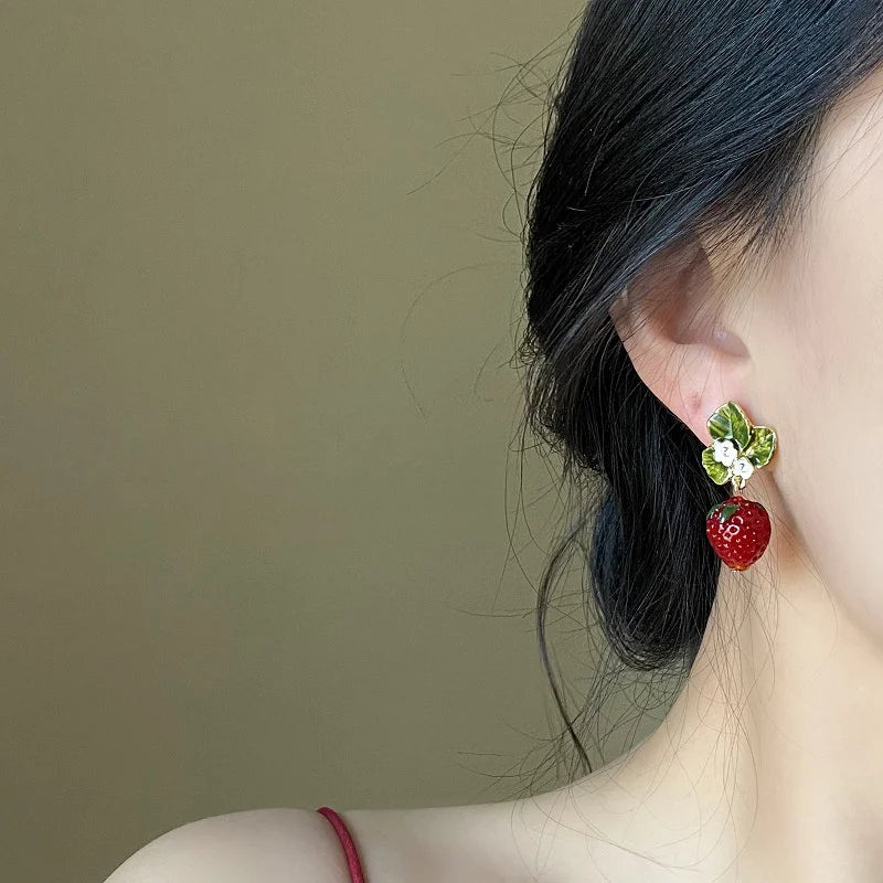 Red Strawberry Flower Drop Earrings – 3D Fruit Women’s Jewelry