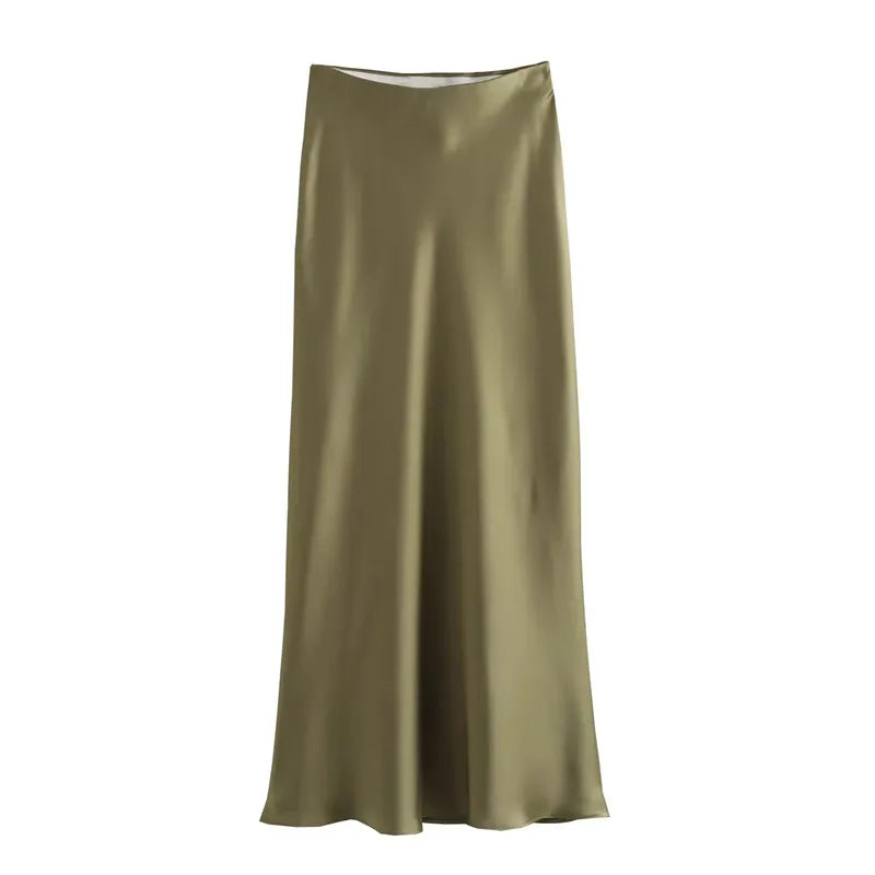 MUJER 2025 Satin High Waist Midi Skirt – Elegant Summer Office Skirt for Women