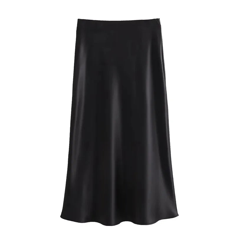 MUJER 2025 Satin High Waist Midi Skirt – Elegant Summer Office Skirt for Women