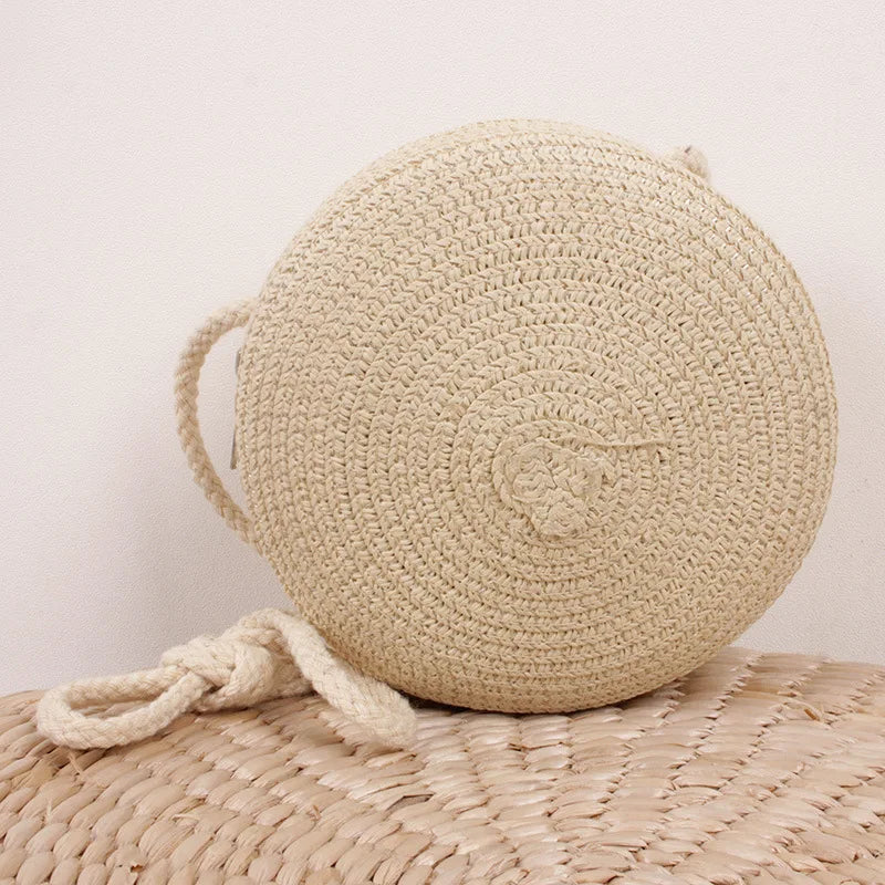 Round Straw Woven Beach Crossbody Bag – Cute Rattan Shoulder Handbag for Women