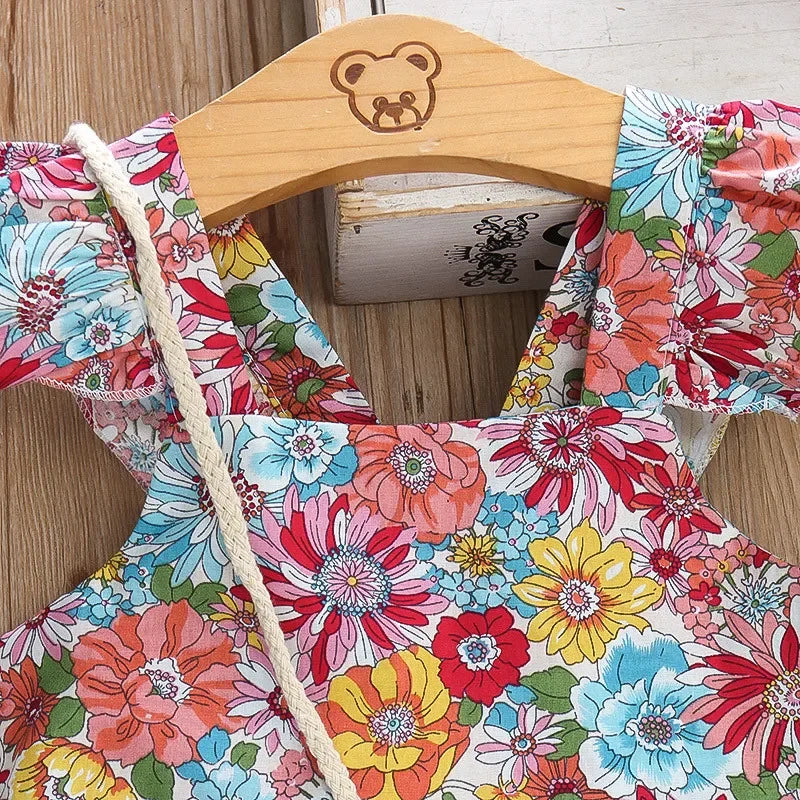Baby Girl Floral Dress – Ruffled Halter A-Line with Bag (0–3 Yrs)