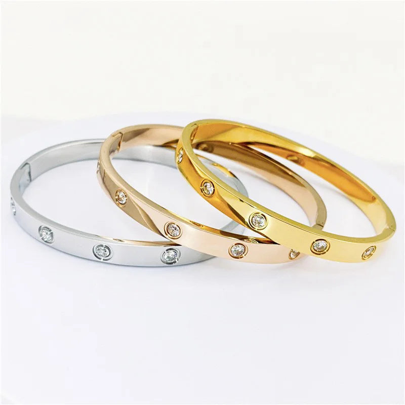 2023 Gold Zircon Cross Nail Bracelet – Stainless Steel Bangle for Women