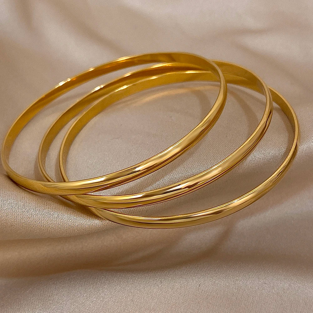 3pcs 18K Gold Plated Stainless Steel Minimalist Bangle Set – Waterproof Jewelry for Women