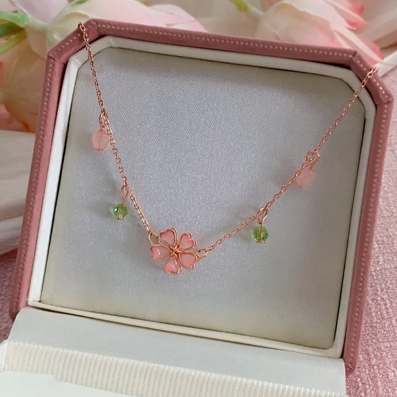 Cherry Blossom Flower Necklace – Crystal Butterfly Pearl Women’s Jewelry