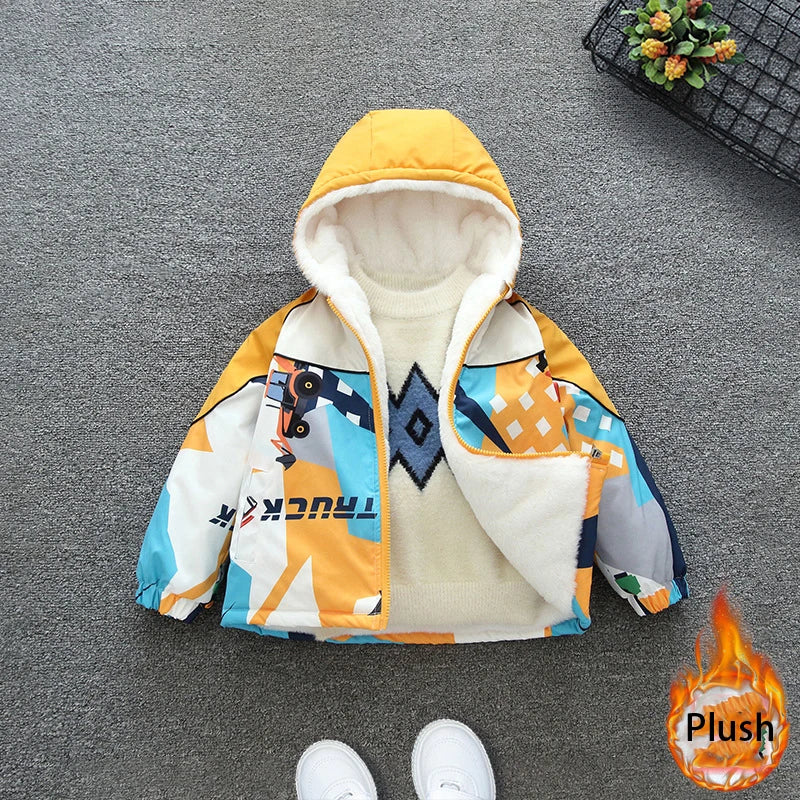 2025 Boys Cotton Coat – Kids Cartoon Car Print Hooded Warm Winter Parka Outerwear