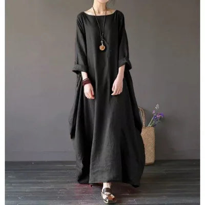 Vintage Cotton Linen Maxi Dress – Loose Fit & Summer Style