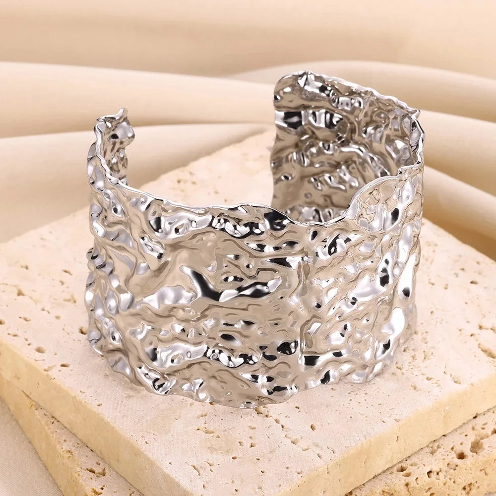 Gold Stainless Steel Cuff Bangle – Classic Bump Pattern Bracelet for Women