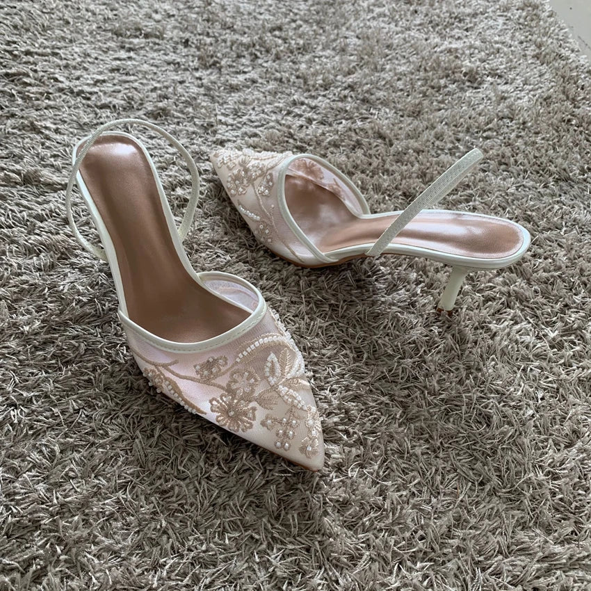 Mesh Embroidered High Heels – Sexy Summer 2025 Slingback Pointed Toe Dress Sandals for Women