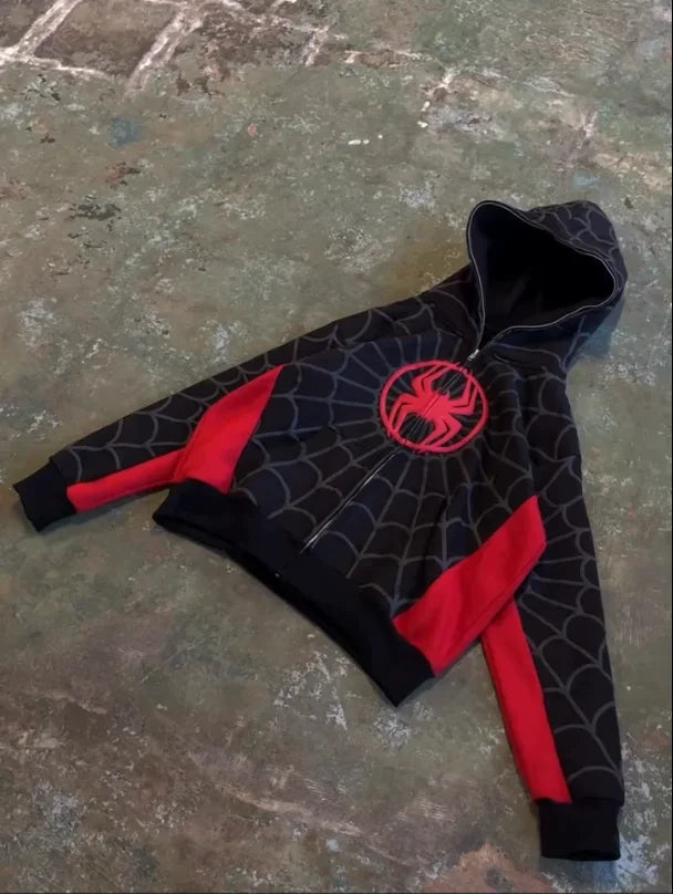 Y2K American Spider Embroidered Zip-Up Hoodie – Gothic Harajuku Casual Sweatshirt for Men & Women