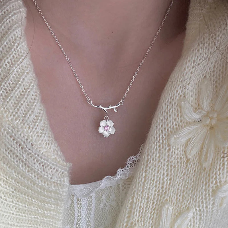 Cherry Blossom Flower Necklace – Crystal Butterfly Pearl Women’s Jewelry