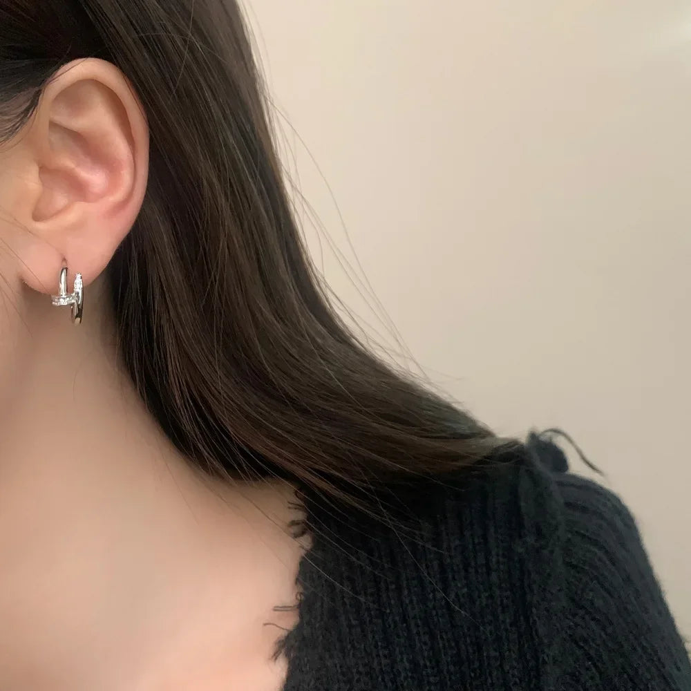 925 Sterling Silver Zircon Nail Hoop Earrings – Minimalist Trendy Jewelry for Women