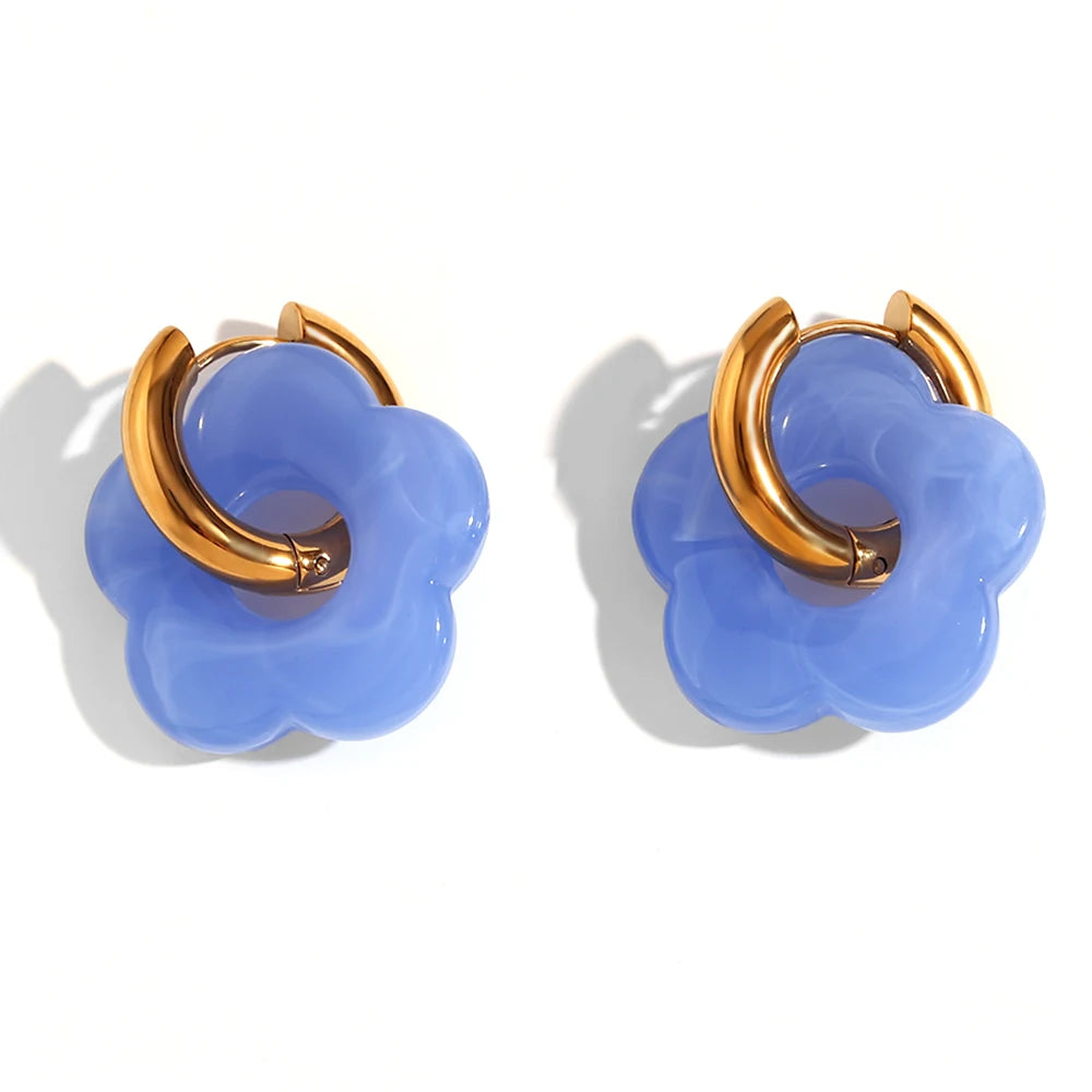 Colorful Resin Flower Hoop Earrings – Waterproof Stainless Steel Women’s Jewelry