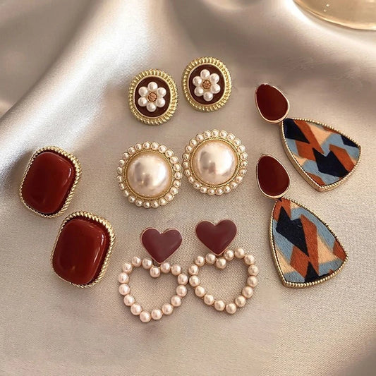 Wine Red Pearl Flower Heart Stud Earrings – Vintage Women’s Geometric Jewelry