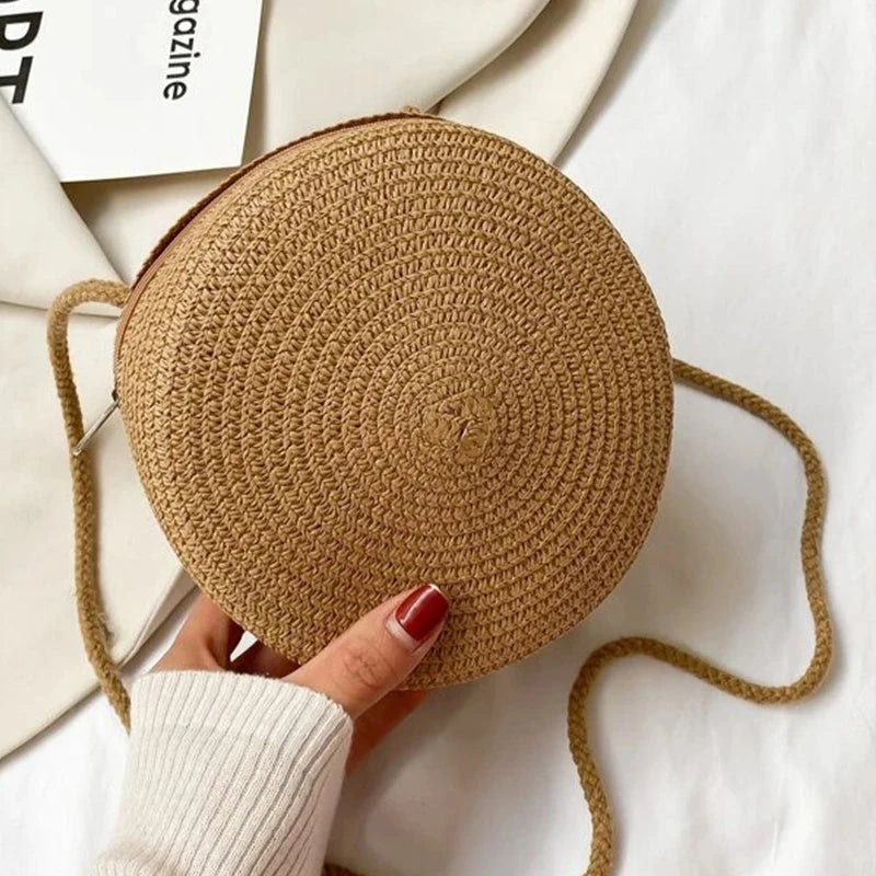 Round Straw Woven Beach Crossbody Bag – Cute Rattan Shoulder Handbag for Women