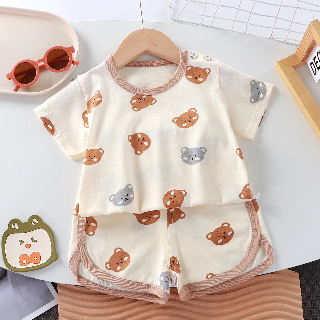 Summer Cotton Cartoon Baby Outfit – 2-Piece T-Shirt & Shorts Set for Girls & Boys (0-4 Years)