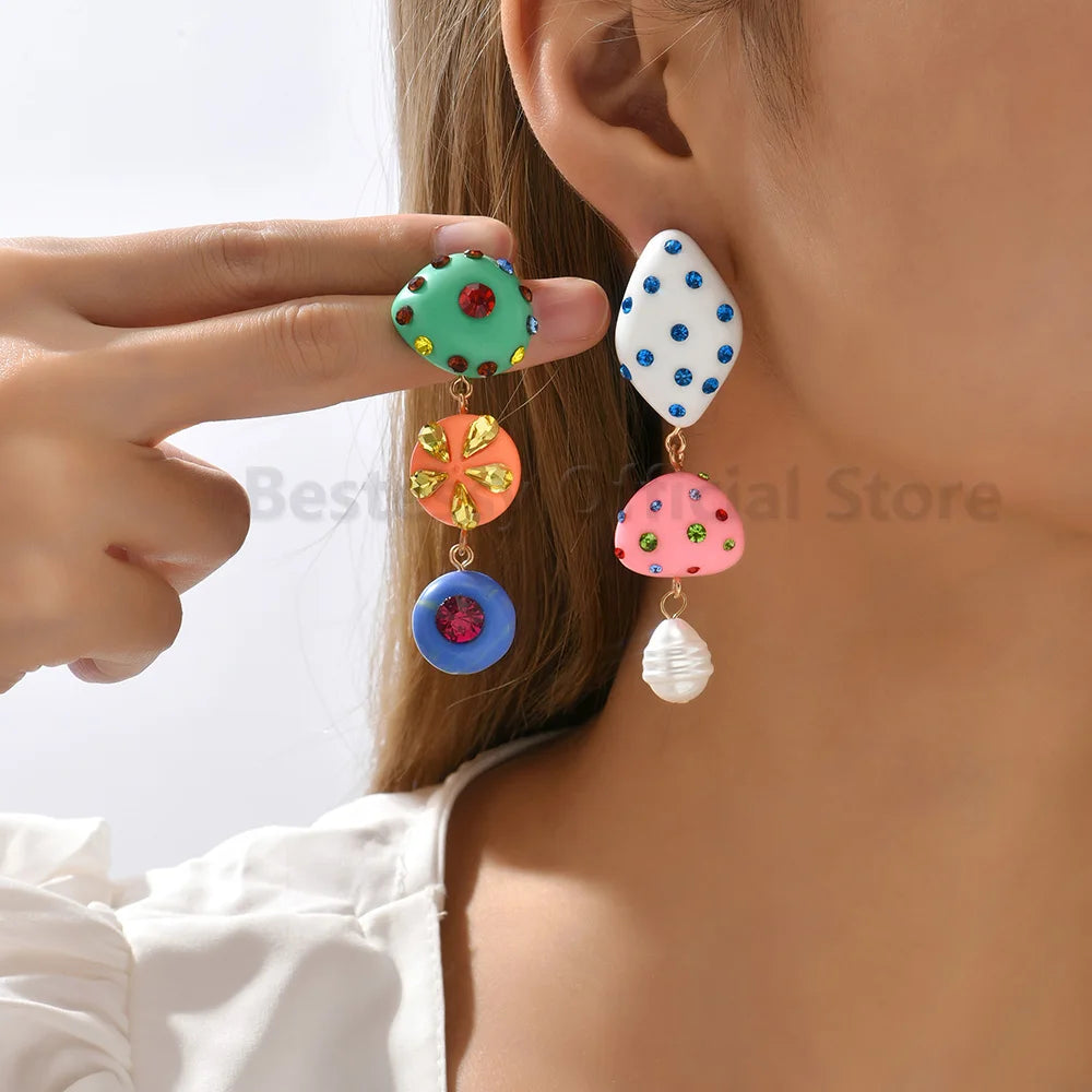 Cute Multicolor Resin Dangle Earrings – Asymmetrical Rhinestone Women’s Jewelry
