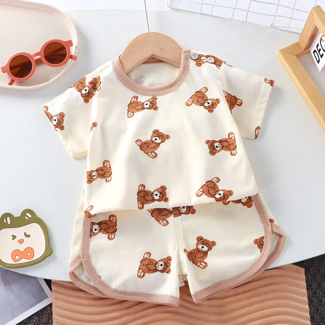 Summer Cotton Cartoon Baby Outfit – 2-Piece T-Shirt & Shorts Set for Girls & Boys (0-4 Years)