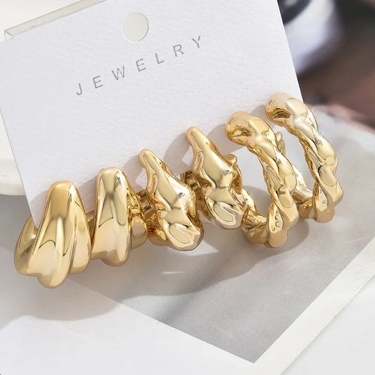 6Pcs Gold Plated C-Shape Hoop Earrings Set – Vintage Geometry Women’s Jewelry