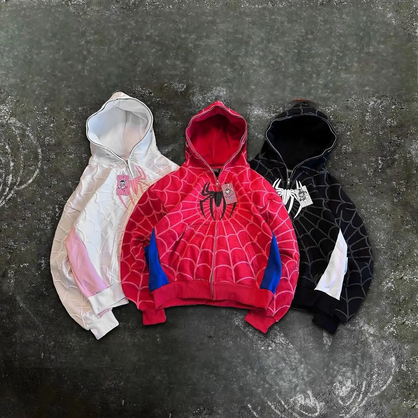 Y2K Gothic Red Spider Print Hoodie – Retro Full Zip Up Loose Hip Hop Streetwear Jacket for Men & Women.