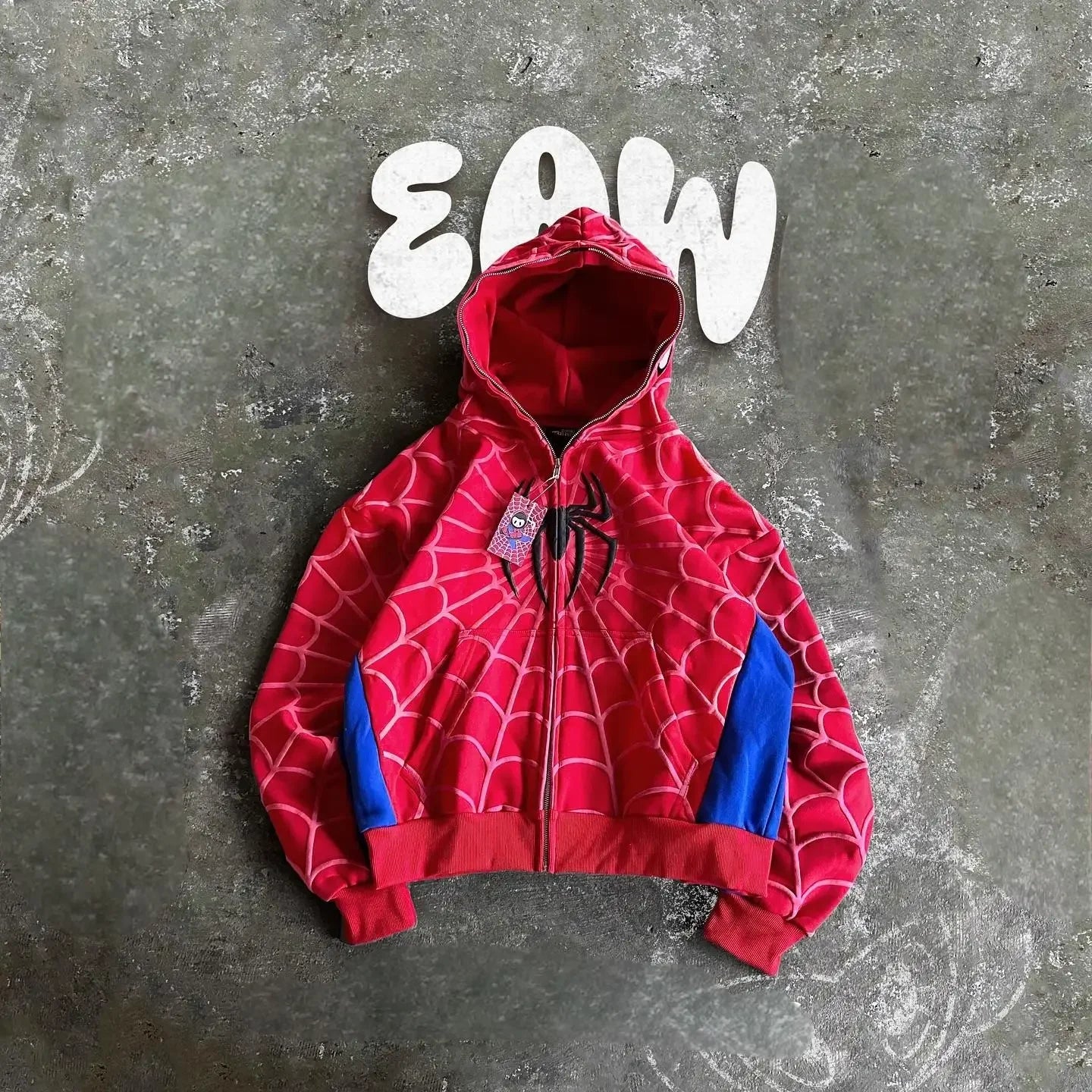 Y2K Gothic Red Spider Print Hoodie – Retro Full Zip Up Loose Hip Hop Streetwear Jacket for Men & Women.