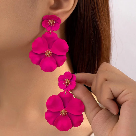 Fuchsia Flower Drop Earrings – Gold Plated Bridal & Holiday Jewelry