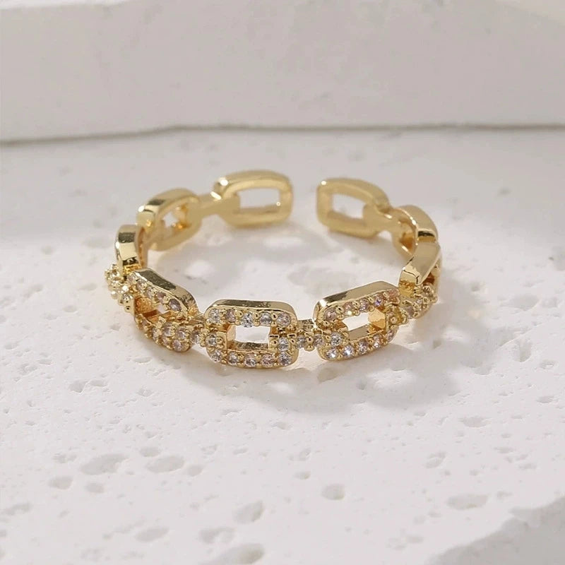 Zircon Twist Chain Open Ring – Elegant Gold & Silver Women’s Wedding Jewelry