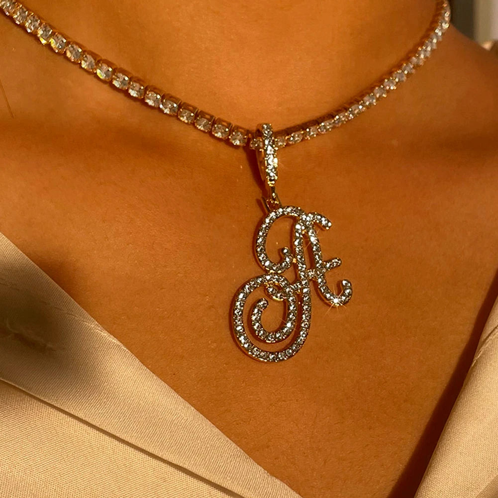Cursive Letter Name Necklace – CZ Alphabet Pendant Hip Hop Jewelry
