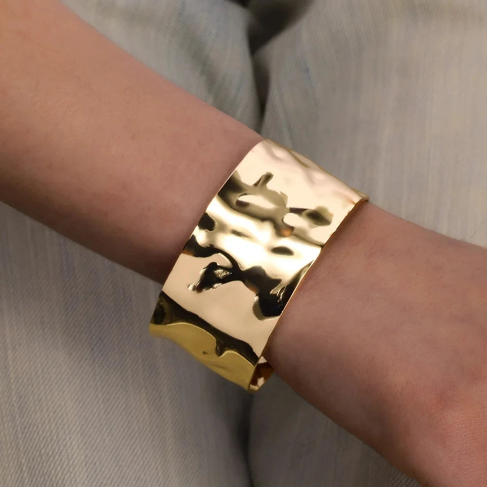 Gold Stainless Steel Cuff Bangle – Classic Bump Pattern Bracelet for Women