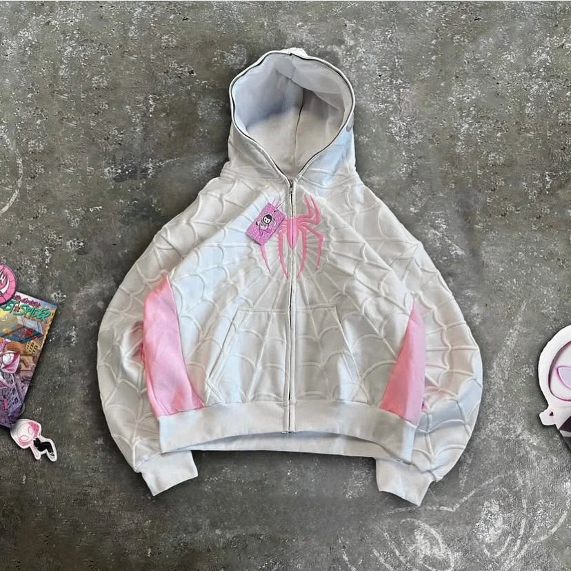Spider Y2K Vintage Zip-Up Hoodie – Oversized Unisex Streetwear